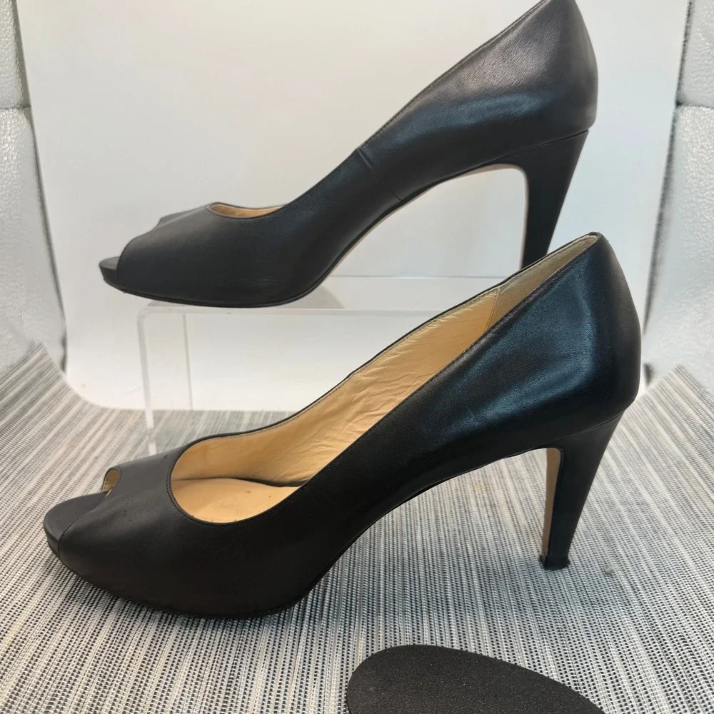 Cole Haan Chelsea Peep Toe Pumps Size 10B Black‎ Leather Platform Stiletto Heels